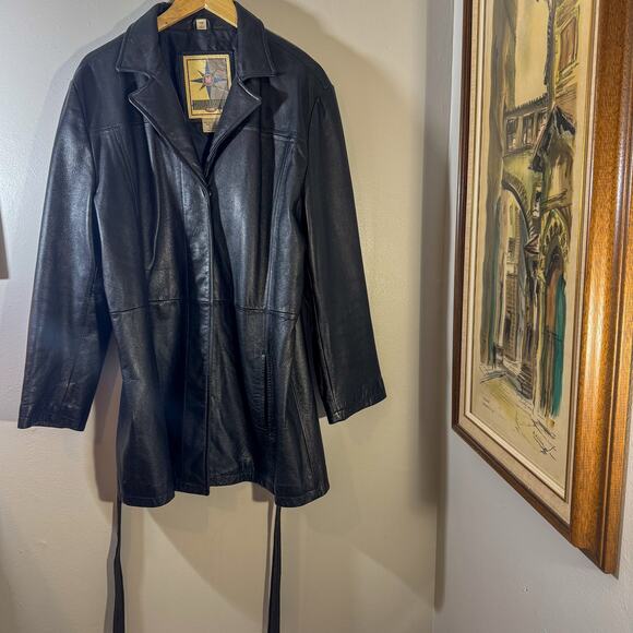 Middlebrook Park Black Leather Coat | Belted Matrix-Style Trench Jacket (Size L) - Picture 3 of 10